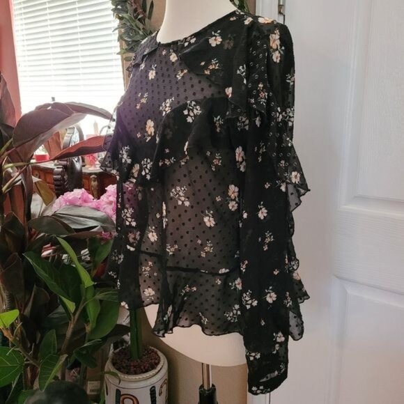 Sexy Black Ruffle Top Blouse Floral Print Polka Dot Modern Contemporary Small - Picture 1 of 9